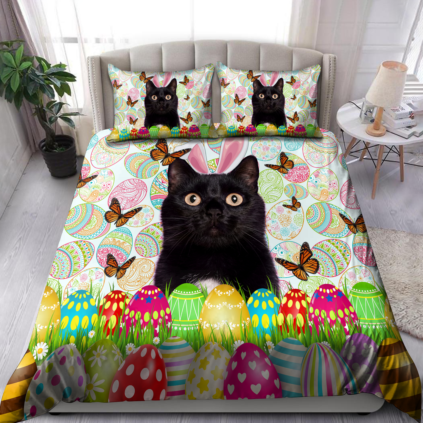 Cat Bedding Set Easter Day Black Cat Egg Pattern Duvet Covers Colorful Unique Gift