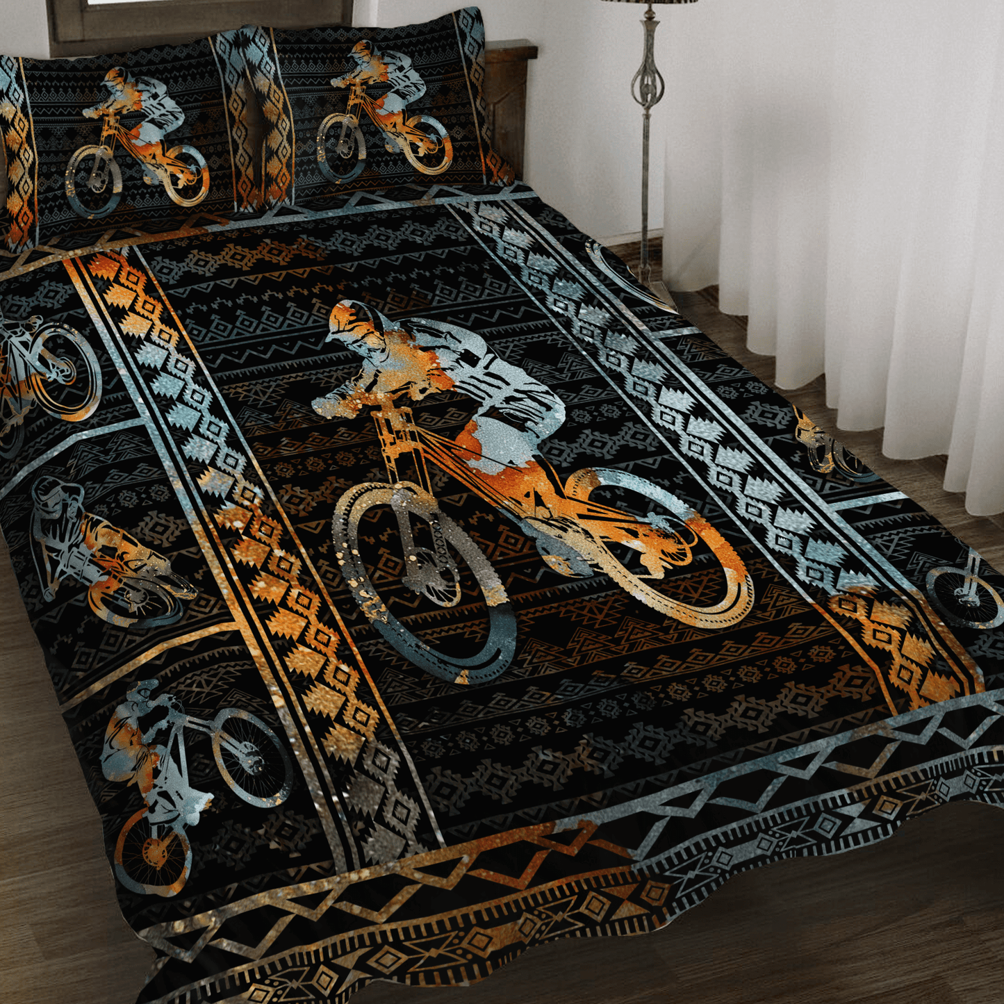 Bicycle Bedding Set Mountain Biking Tribal Pattern Duvet Covers Black Brown Unique Gift