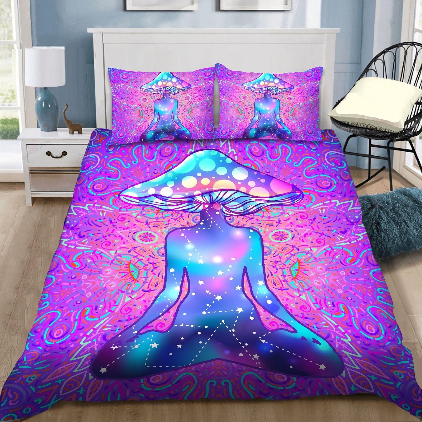 Mushroom Bedding Set Mushroom Psychedelic Meditating Duvet Covers Pink Unique Gift