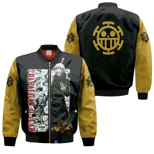 One Piece Bomber Jacket Trafalgar D Law Graphic Jolly Roger Symbol Bomber Black Yellow Unisex