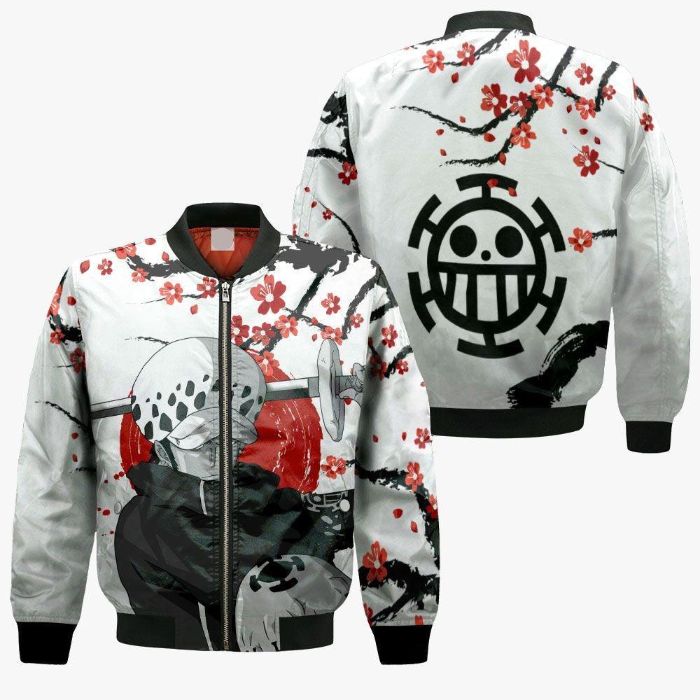 One Piece Bomber Jacket Trafalgar Law Jolly Roger Symbol Bomber White Red Unisex