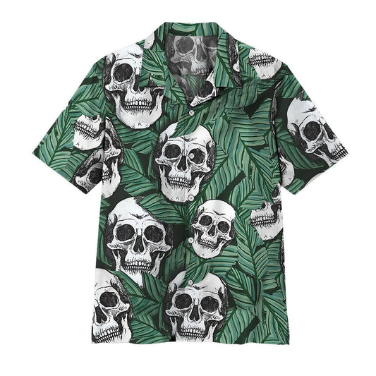 Skull Hawaii Shirt Skull Tropical Leaves Pattern Hawaiian Shirt Green White Unisex