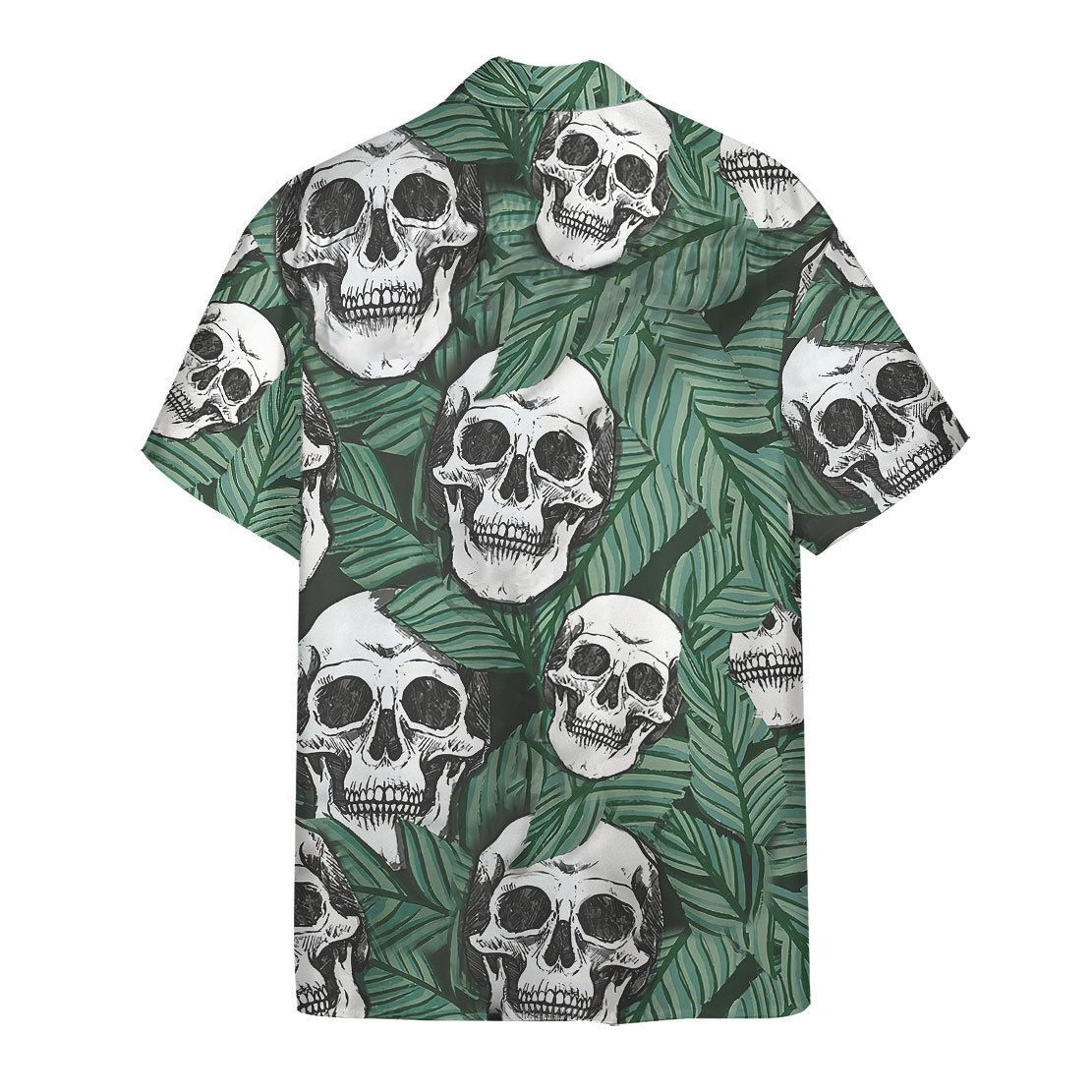 Skull Hawaii Shirt Skull Tropical Leaves Pattern Hawaiian Shirt Green White Unisex