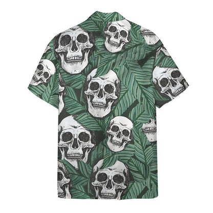 Skull Hawaii Shirt Skull Tropical Leaves Pattern Hawaiian Shirt Green White Unisex