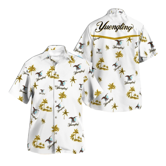 Yuengling Hawaii Shirt Yuengling Tropial Palm Tree Island Pattern Hawaiian Shirt White Yellow Unisex
