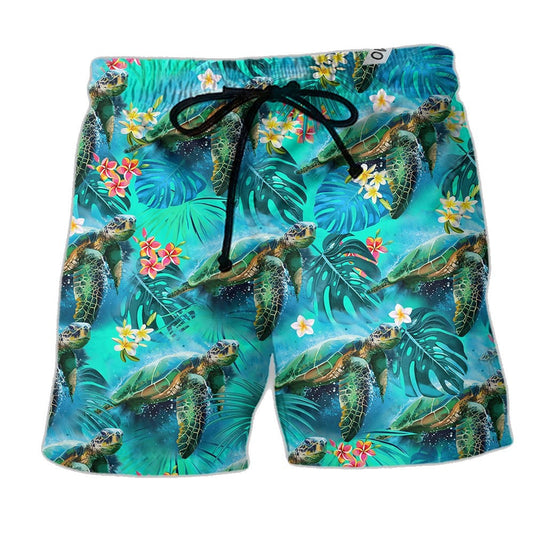 Turtle Shorts Turtle Graphic Hibiscus Flower Pattern Beach Shorts Blue Green