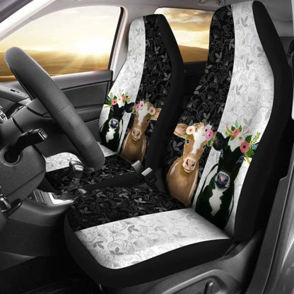 Cow Car Seat Covers Cow Flower And Leaves Pattern Seat Covers Black White