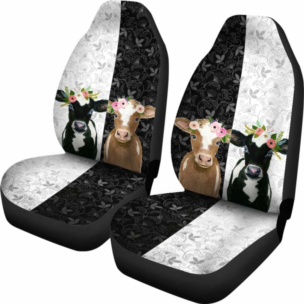 Cow Car Seat Covers Cow Flower And Leaves Pattern Seat Covers Black White