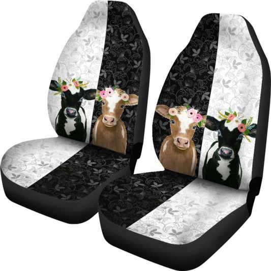 Cow Car Seat Covers Cow Flower And Leaves Pattern Seat Covers Black White