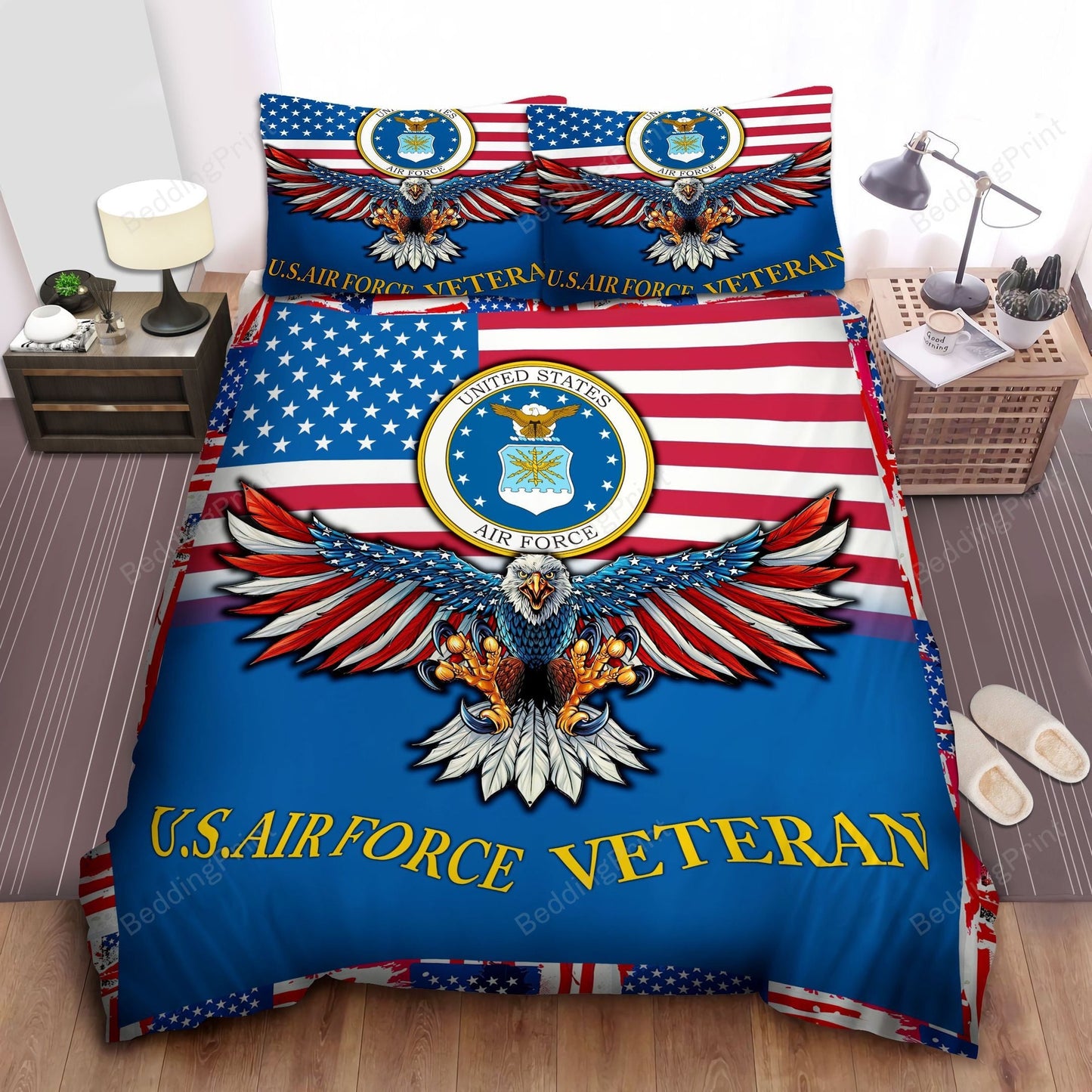 Veteran Bedding Set US Air Force Veteran American Flag And Eagle Duvet Covers Blue Red Unique Gift