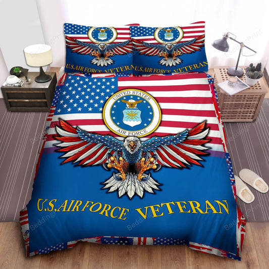 Veteran Bedding Set US Air Force Veteran American Flag And Eagle Duvet Covers Blue Red Unique Gift