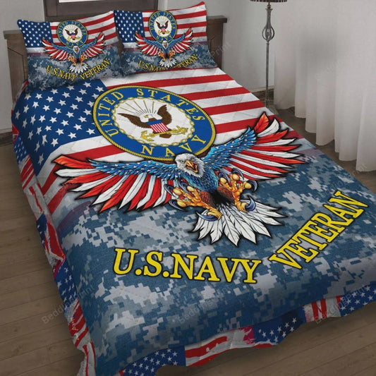 Veteran Bedding Set US Navy Veteran American Flag And Eagle Duvet Covers Blue Unique Gift