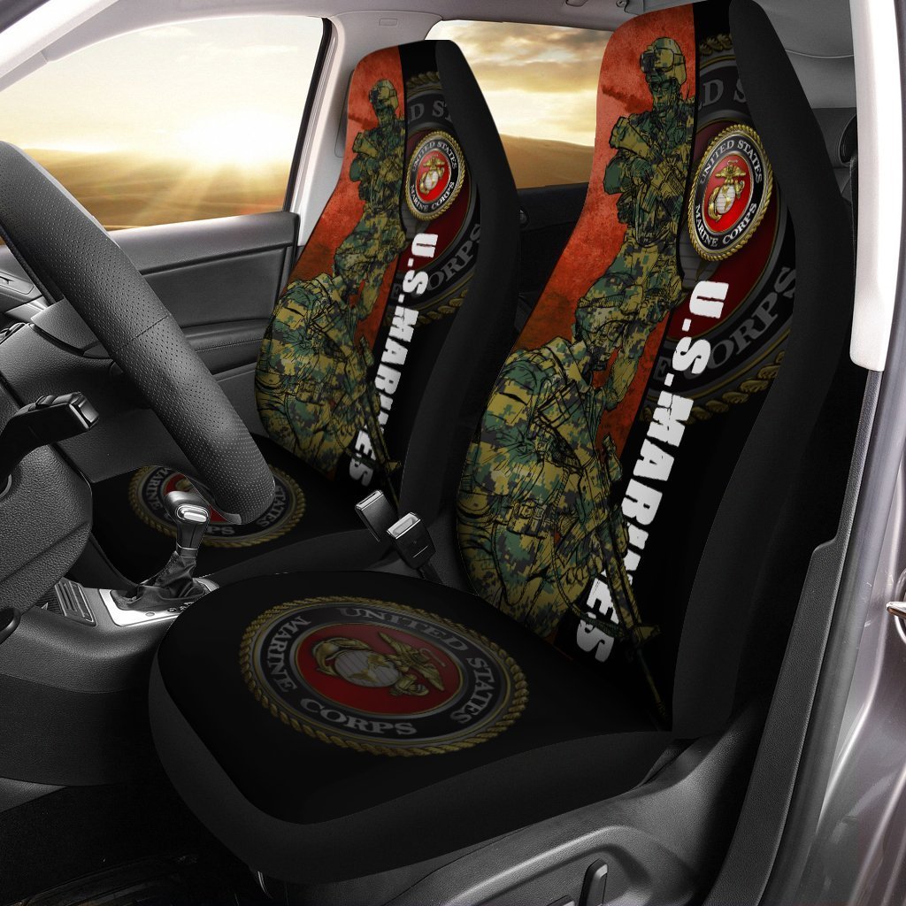 Veteran Car Seat Covers US Marine Corps Soldier Graphic Seat Covers Black Red