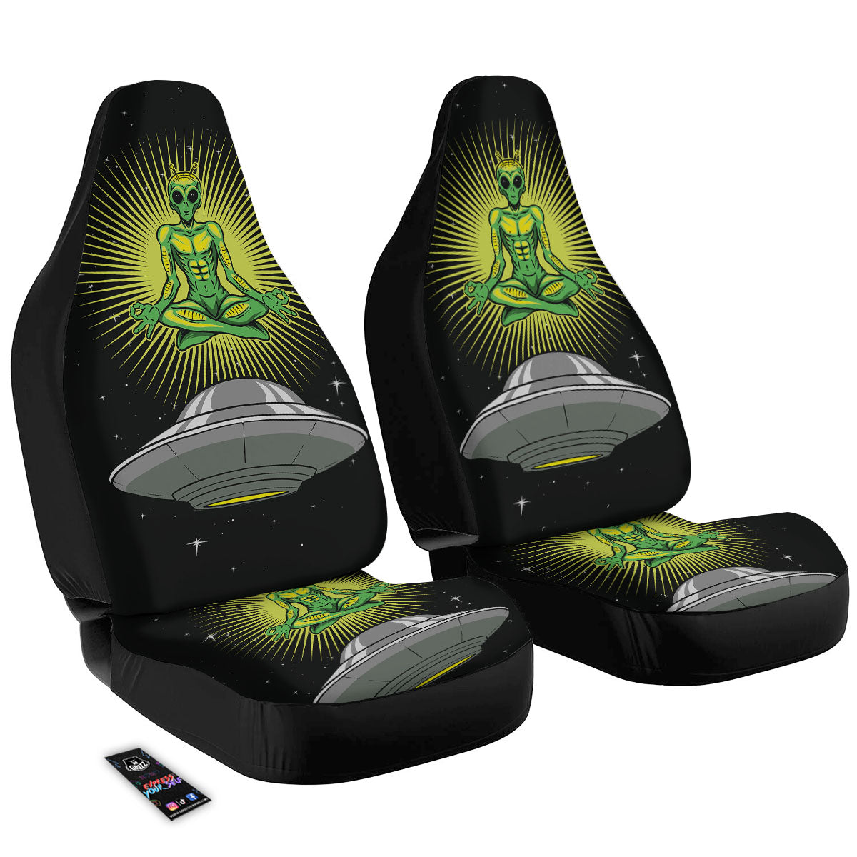 UFO Car Seat Covers Meditating Alien On UFO Seat Covers Black Green