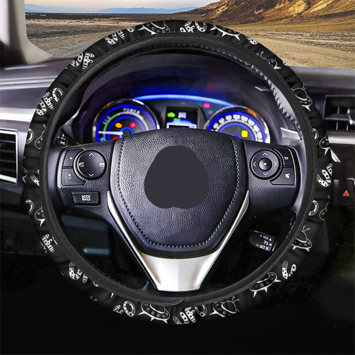 UFO Steering Wheel Cover UFO Graphic And Name Pattern Driving Wheel Cover Black White