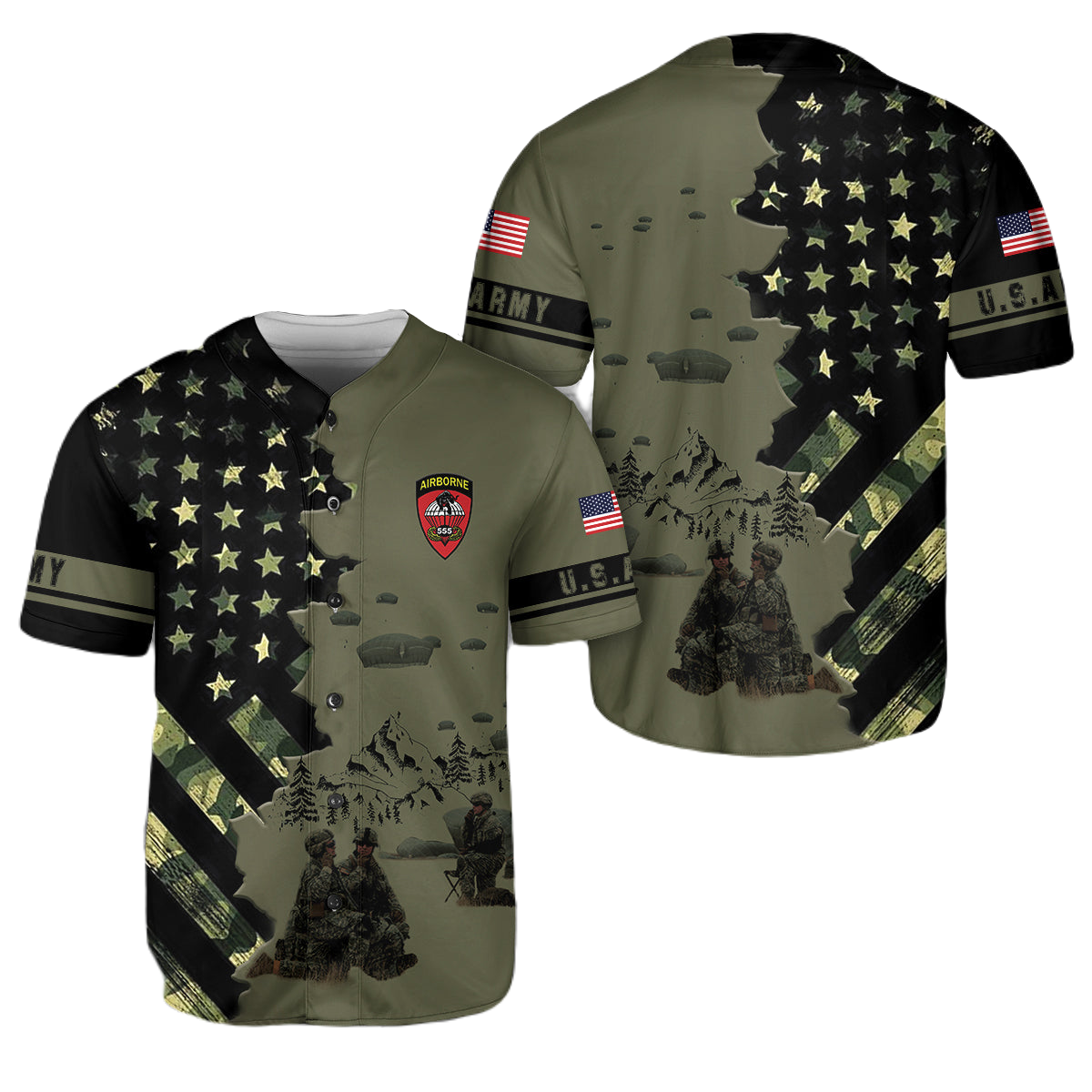 Veteran Baseball Jersey 555th Parachute Veteran Army Jersey Shirt Black Green Unisex Adult New Release