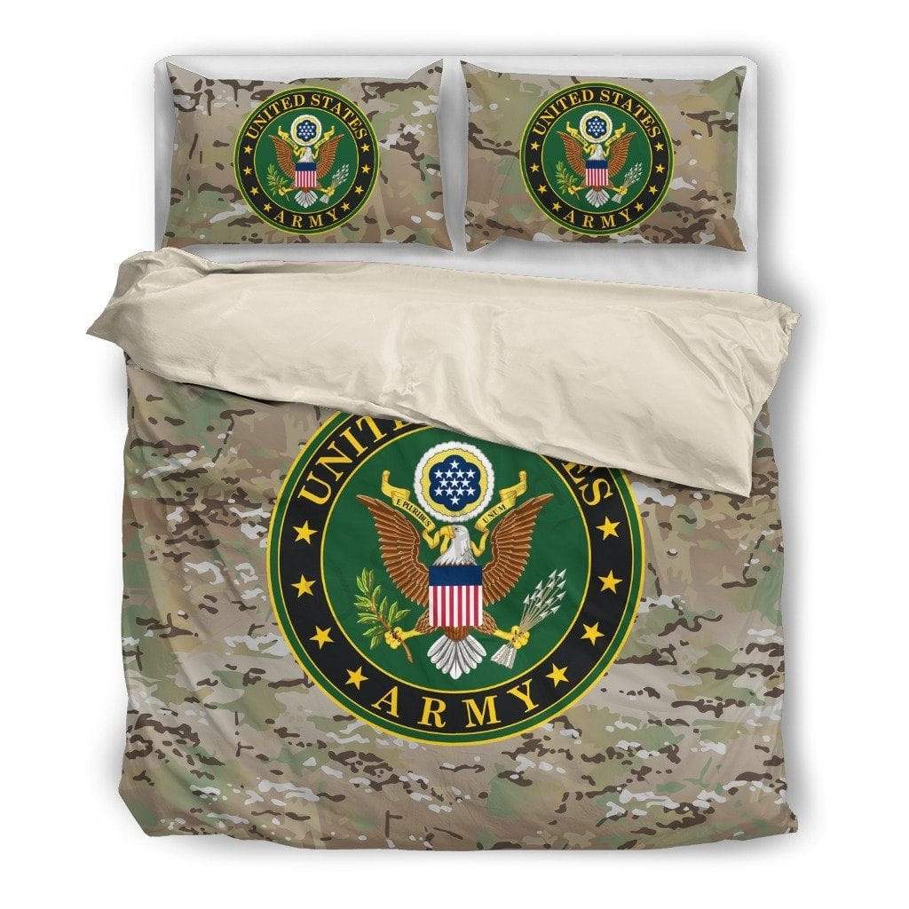 Veteran Bedding Set United States Army Symbol Camo Pattern Duvet Covers Brown Green Unique Gift