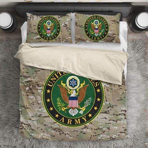 Veteran Bedding Set United States Army Symbol Camo Pattern Duvet Covers Brown Green Unique Gift