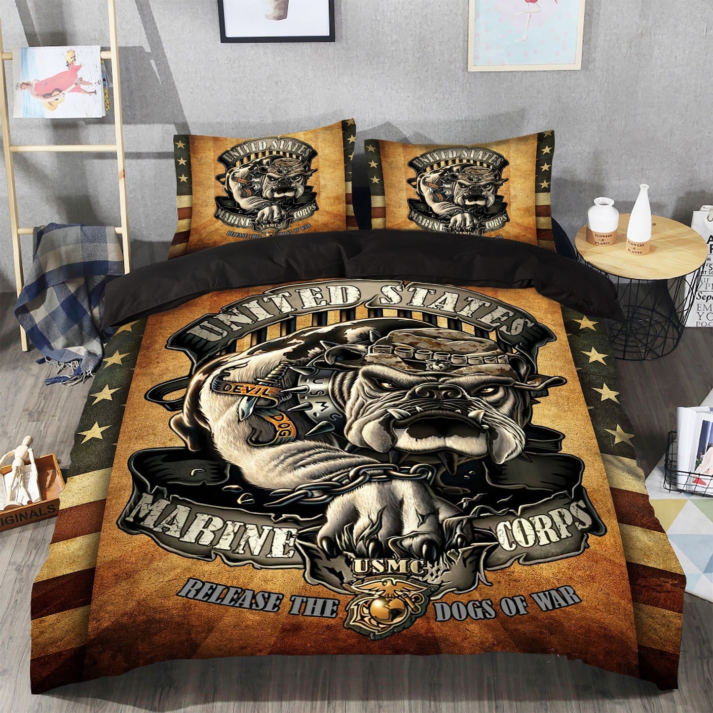 Veteran Bedding Set US Marine Corps Release The Dogs Of War Duvet Covers Brown Unique Gift