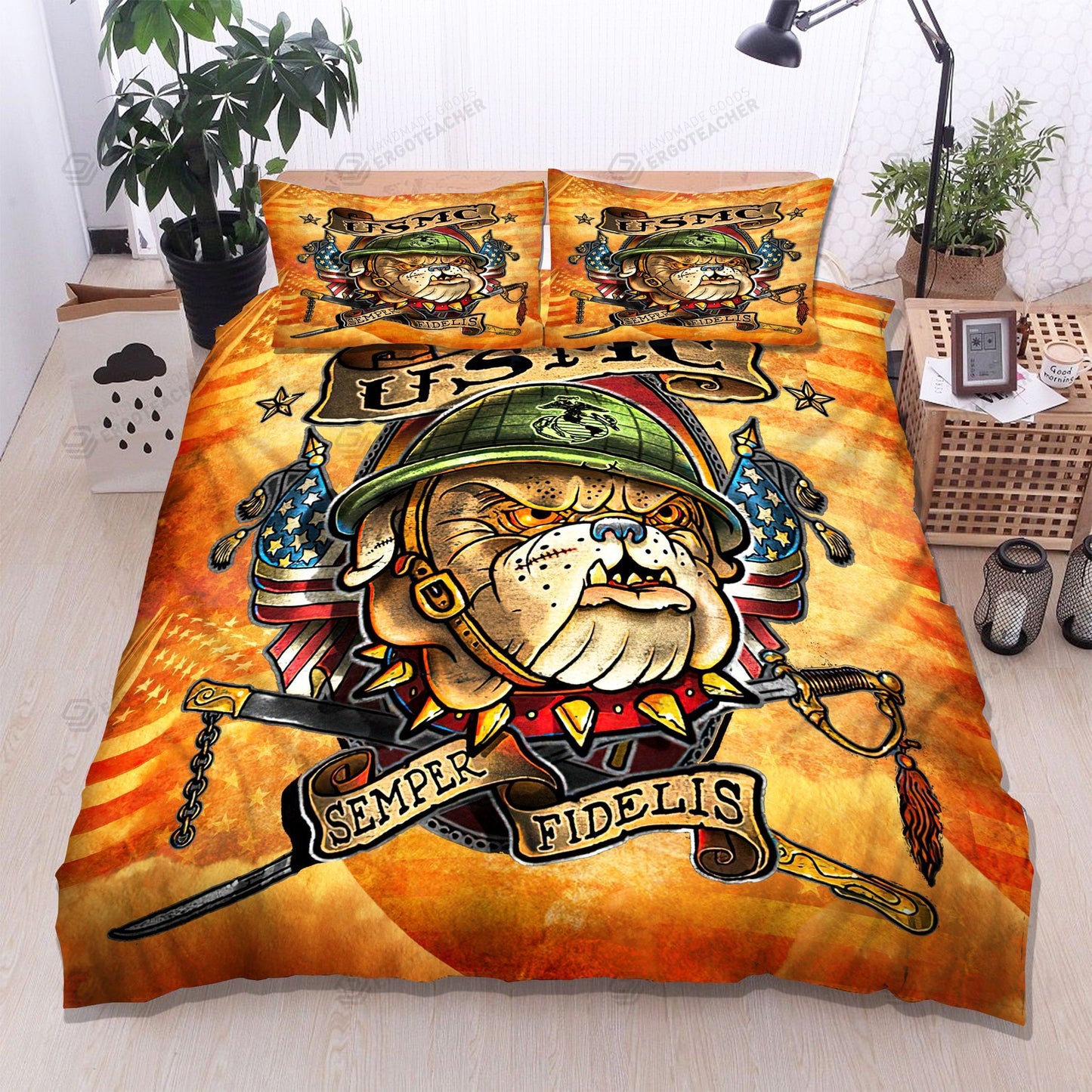 Veteran Bedding Set US Marine Corps Bulldog Semper Fidelis Duvet Covers Yellow Unique Gift