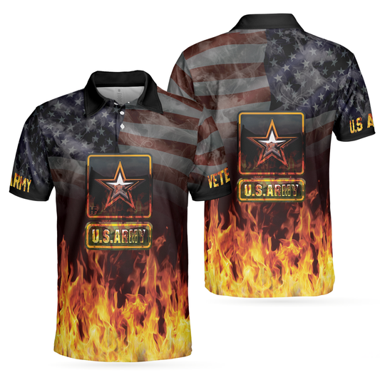 Veteran Polo Shirt Flaming US Army American Flag Boys Polo Shirts Black Orange