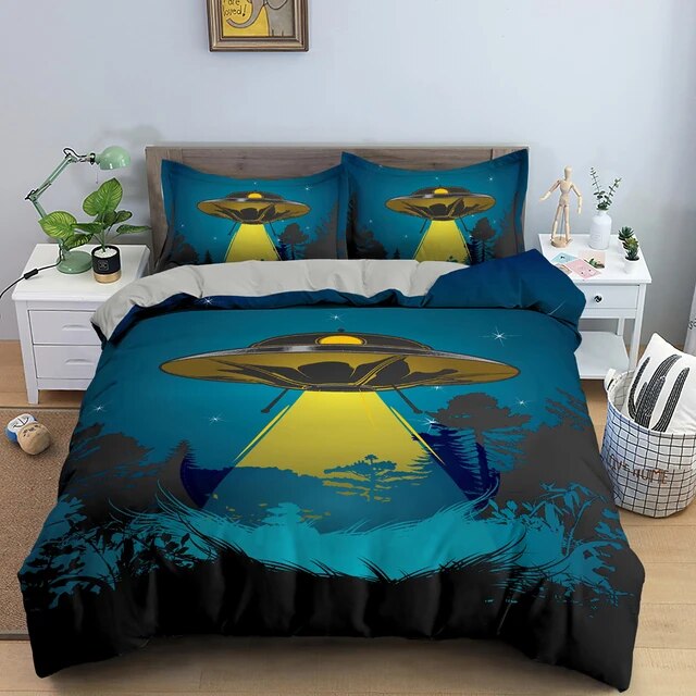 UFO Bedding Set Mistery UFO In The Forest Duvet Covers Blue Unique Gift