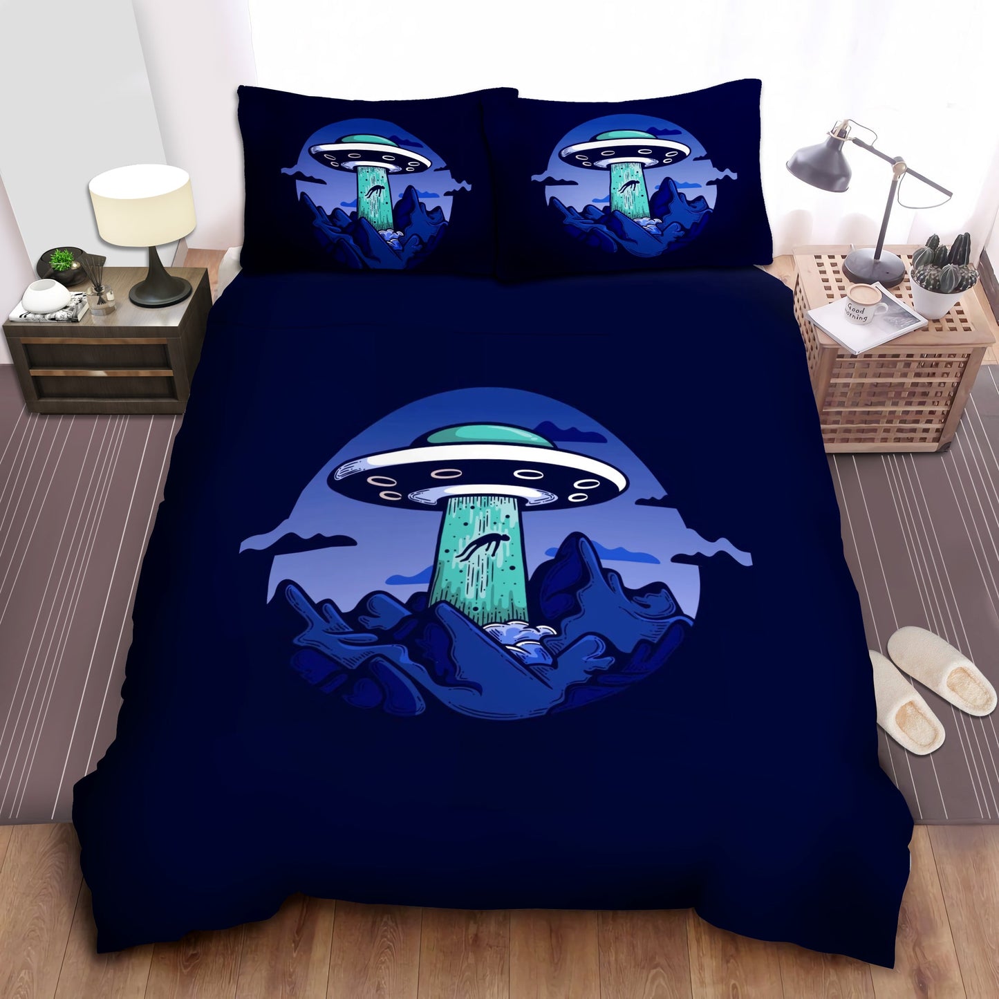 UFO Bedding Set UFO Abducting Human Graphic Duvet Covers Blue Unique Gift