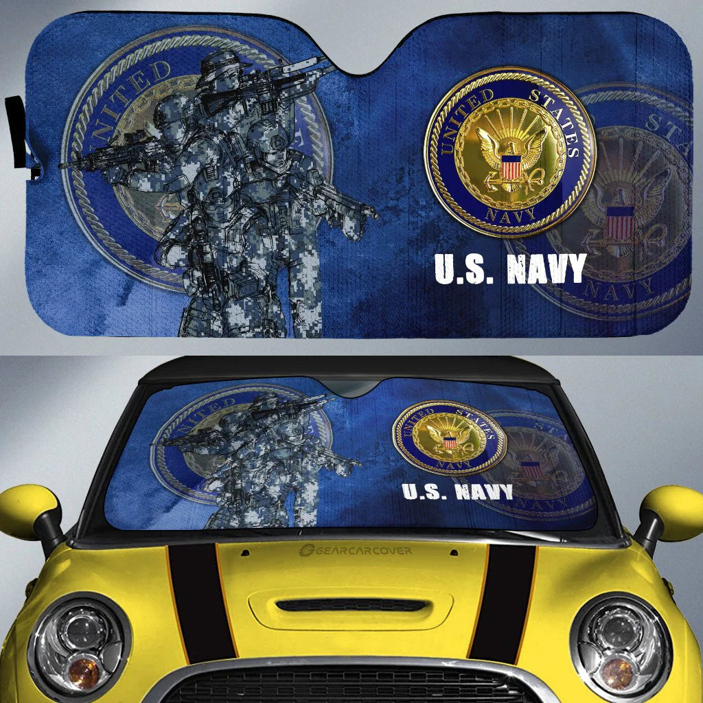 Veteran Car Sun Shade US Navy Soldier And Symbol Winshield Sun Shade Blue