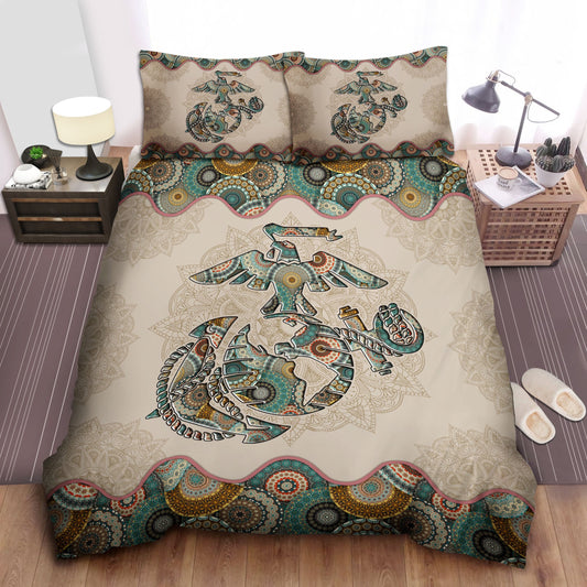 Veteran Bedding Set United States Marine Corps Symbol Mandala Duvet Covers Green Unique Gift