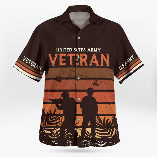 Veteran Hawaii Shirt Vintage US Army Veteran Soldier Silhouette Hawaiian Shirt Brown Unisex