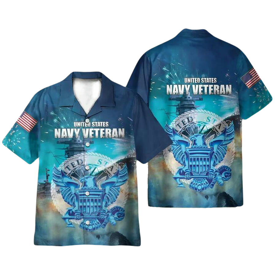 Veteran Hawaii Shirt United States Navy Veteran Symbol Ship Graphic Hawaiian Shirt Blue Unisex