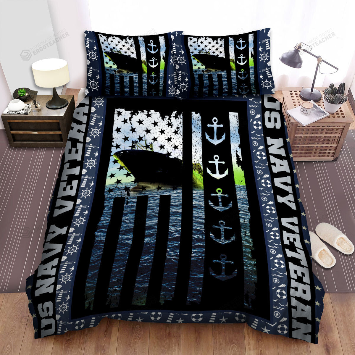 Veteran Bedding Set US Navy Veteran Ship American Flag Duvet Covers Black Blue Unique Gift