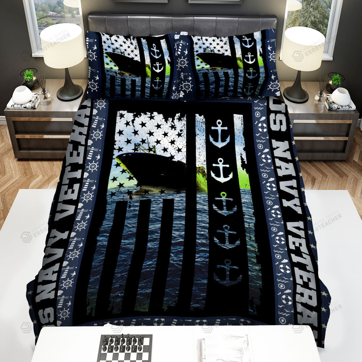 Veteran Bedding Set US Navy Veteran Ship American Flag Duvet Covers Black Blue Unique Gift