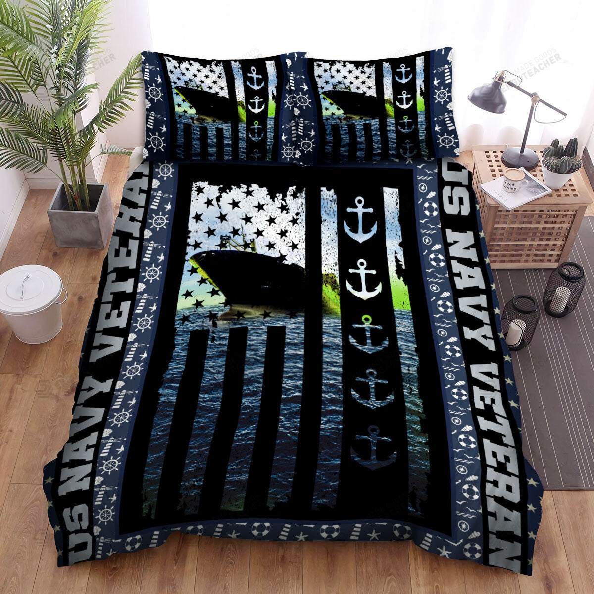 Veteran Bedding Set US Navy Veteran Ship American Flag Duvet Covers Black Blue Unique Gift