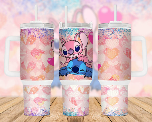 Stitch 40 Oz Tumbler Angel And Stitch Heart Love Tumbler 40 Oz Pink