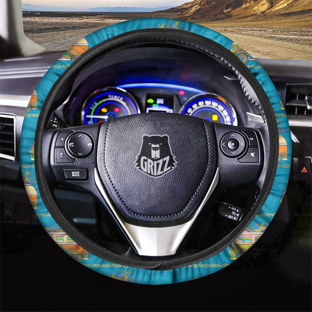 Hippie Steering Wheel Cover Vintage Mandala Pattern Hippie Van Driving Wheel Cover Blue