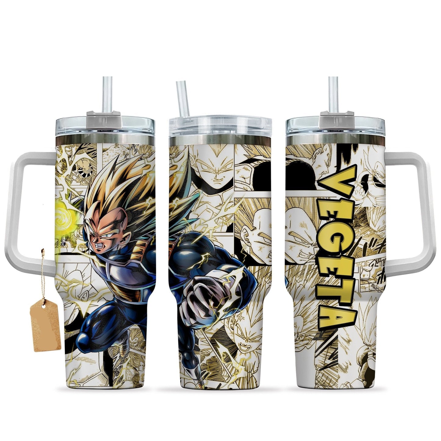 Dragon Ball 40 Oz Tumbler Vegeta Super Saiyan Manga Pattern Tumbler 40 Oz White Yellow