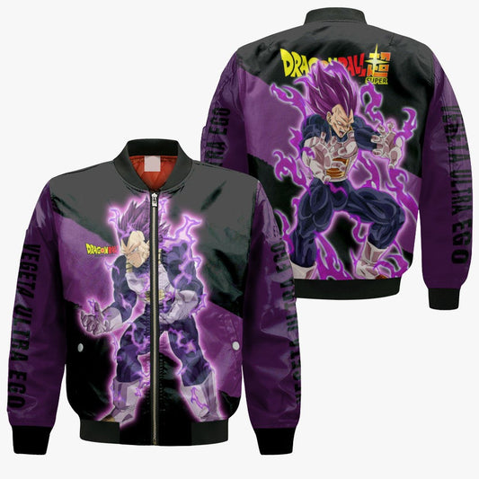 Dragon Ball Bomber Jacket Vegeta Ultra Ego Power Graphic Bomber Black Purple Unisex