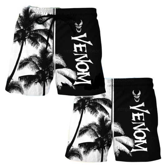 Venom Shorts Venom Face Palm Tree Pattern Beach Shorts Black White