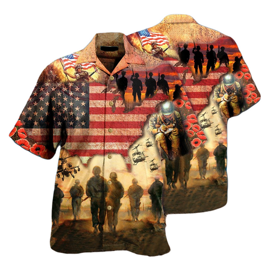 Veteran Hawaii Shirt Veteran Soldier American Flag Flower Pattern Hawaiian Shirt Red Brown Unisex