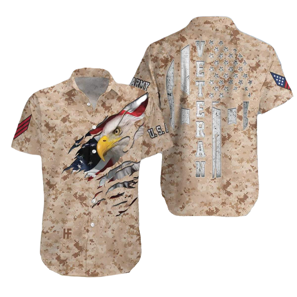 Veteran Hawaii Shirt Veteran US Army Skull Eagle Camoflage Hawaiian Shirt Brown Unisex