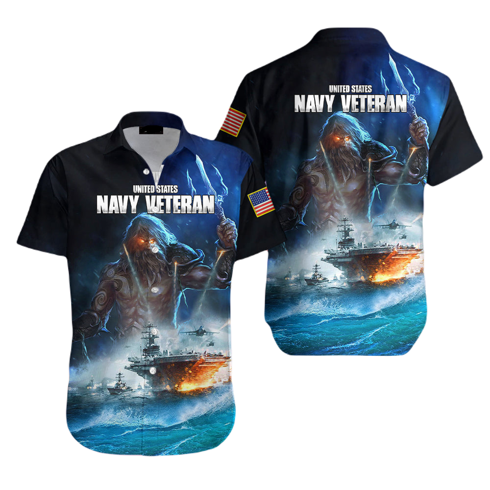 Veteran Hawaii Shirt US Navy Veteran Poseidon Graphic Hawaiian Shirt Blue Unisex