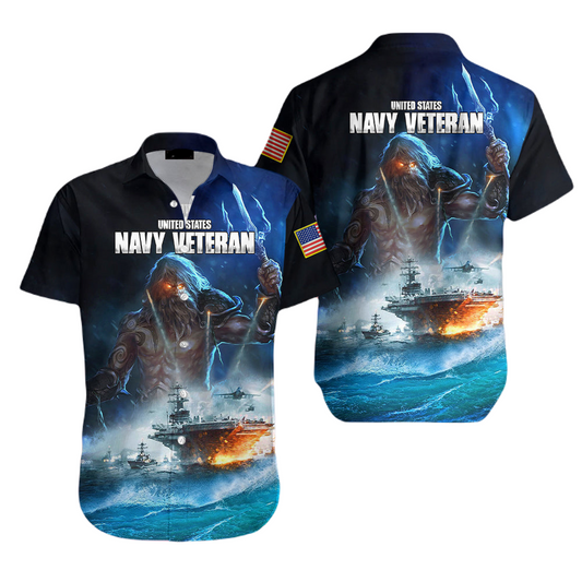 Veteran Hawaii Shirt US Navy Veteran Poseidon Graphic Hawaiian Shirt Blue Unisex