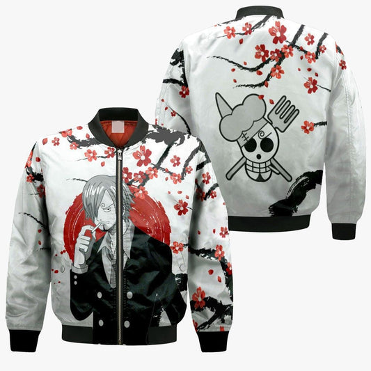 One Piece Bomber Jacket Vinsmoke Sanji Jolly Roger Symbol Bomber White Red Unisex