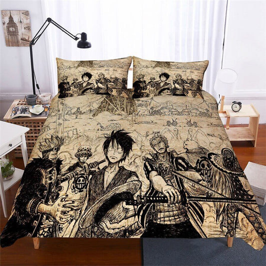 One Piece Bedding Set Vintage One Piece Luffy Zoro Trafalgar Law Duvet Covers Black Brown Unique Gift