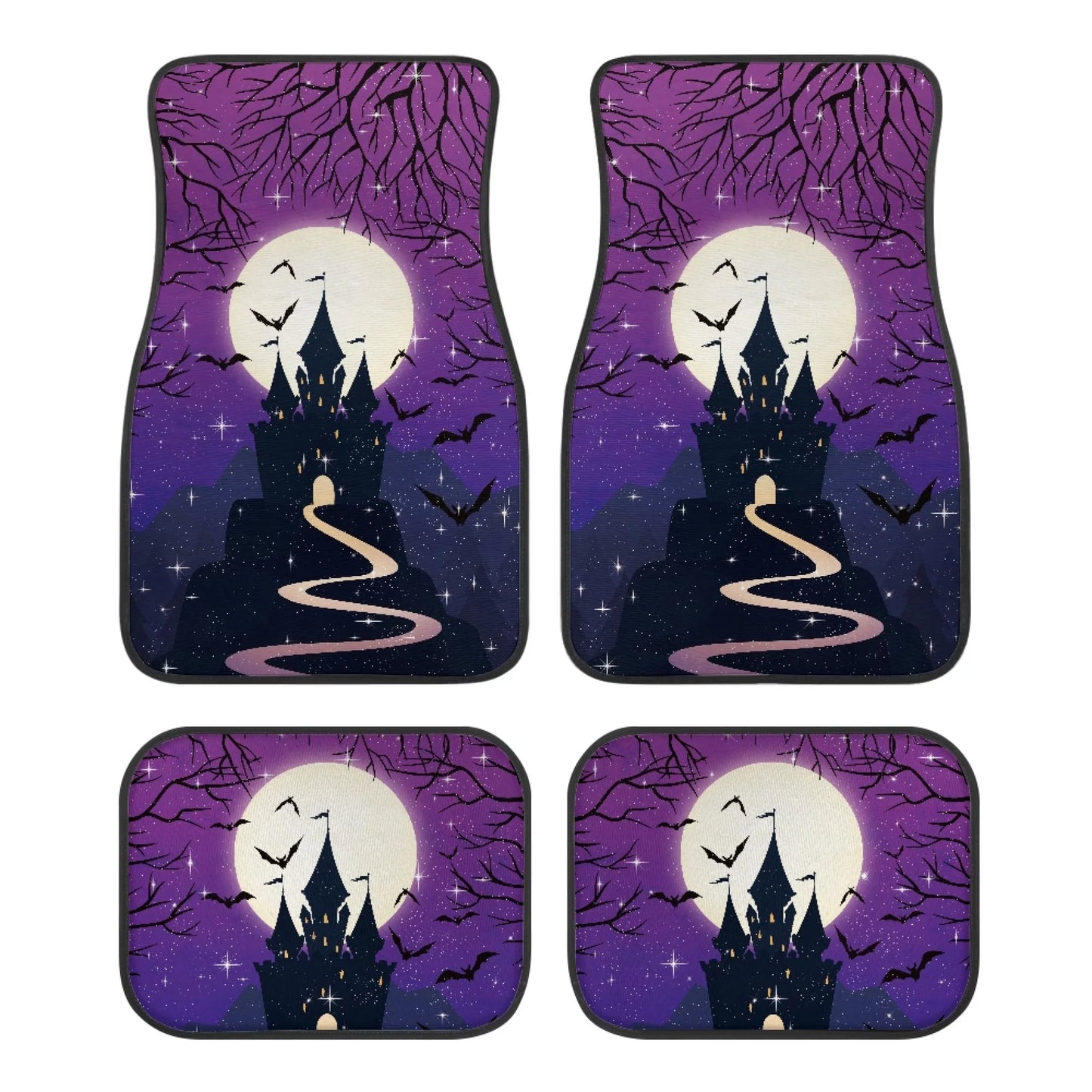 Halloween Car Mats Road To Haunted Castle Under Moonlight Car Floor Mats Black Purple