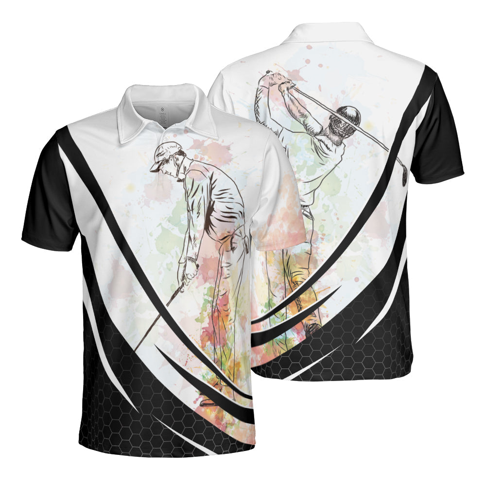 Golf Polo Shirt Watercolor Golfer Graphic Pattern Golf Shirts Black White For Men