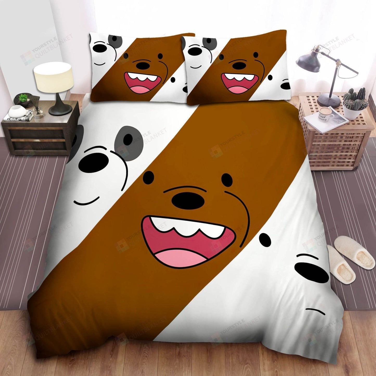 We Bare Bear Bedding Set We Bare Bears Face Pattern Duvet Covers White Brown Unique Gift