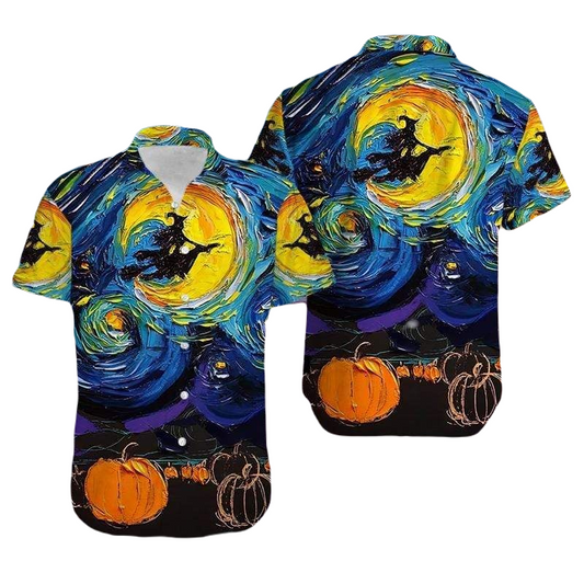 Halloween Hawaii Shirt Witches Halloween Starry Night Hawaiian Shirt Blue Yellow Unisex