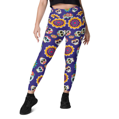 Skull Leggings Sugar Skulls And Flowers Pattern High Waisted Legging Purple For Women